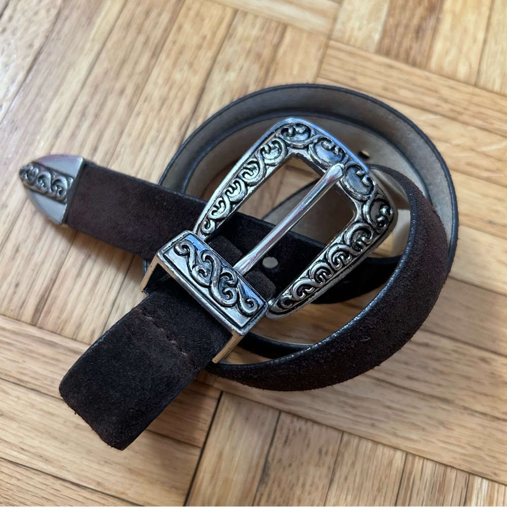 Genuine Leather Suede Western Style Belt – Tooled Silver Buckle